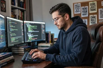 Développeur informatique concentré devant plusieurs écrans affichant du code, dans un bureau à domicile encombré évoquant la culture hacker