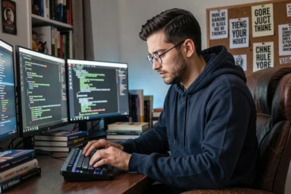 Développeur informatique concentré devant plusieurs écrans affichant du code, dans un bureau à domicile encombré évoquant la culture hacker