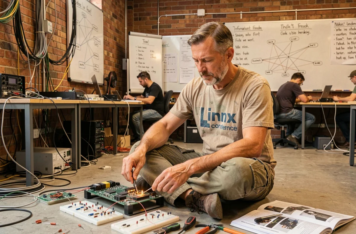 Maker barbu dans un hackerspace collaboratif en train de souder une carte électronique entouré de composants et de manuels open source