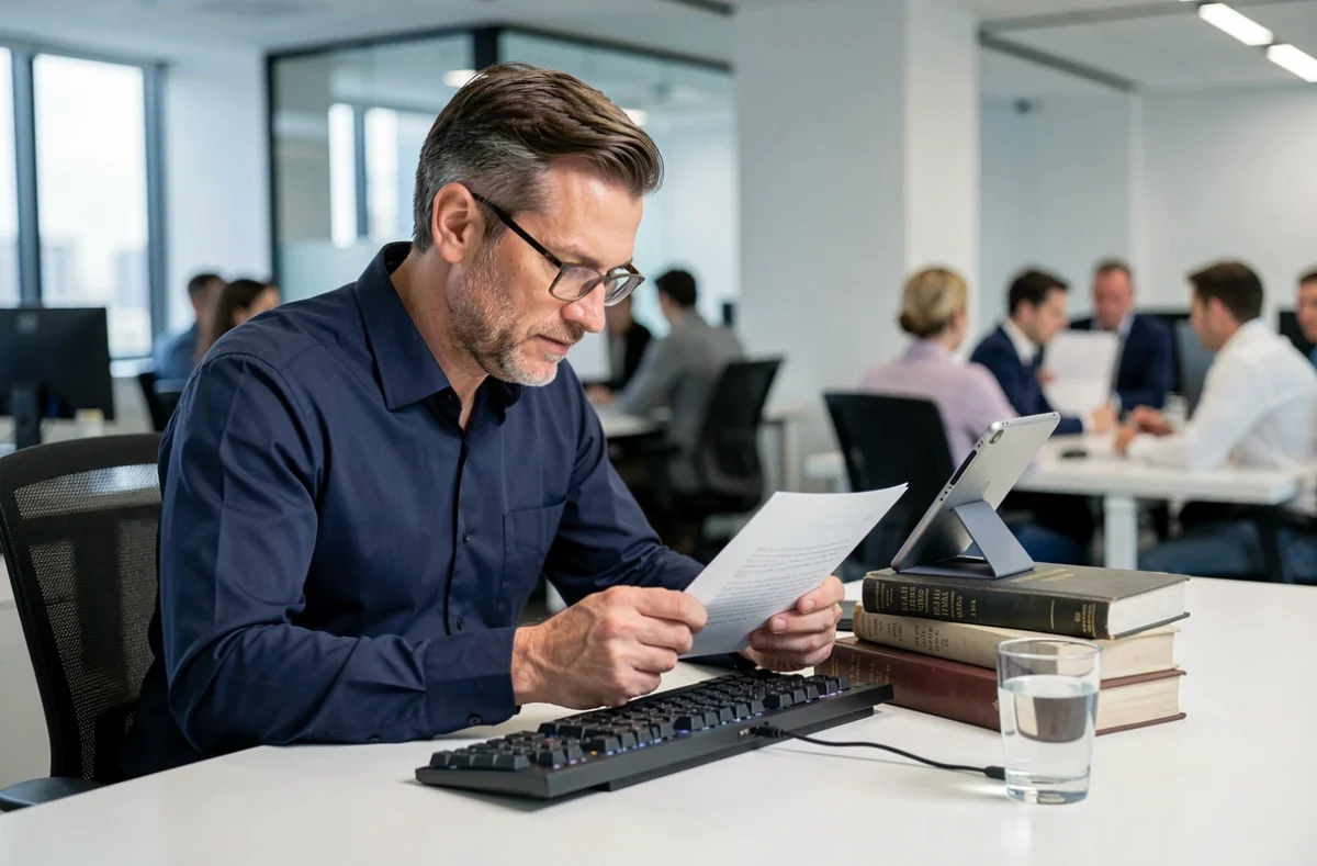 Homme d'affaires utilisant une application de rédaction de lettres sur tablette dans un bureau professionnel