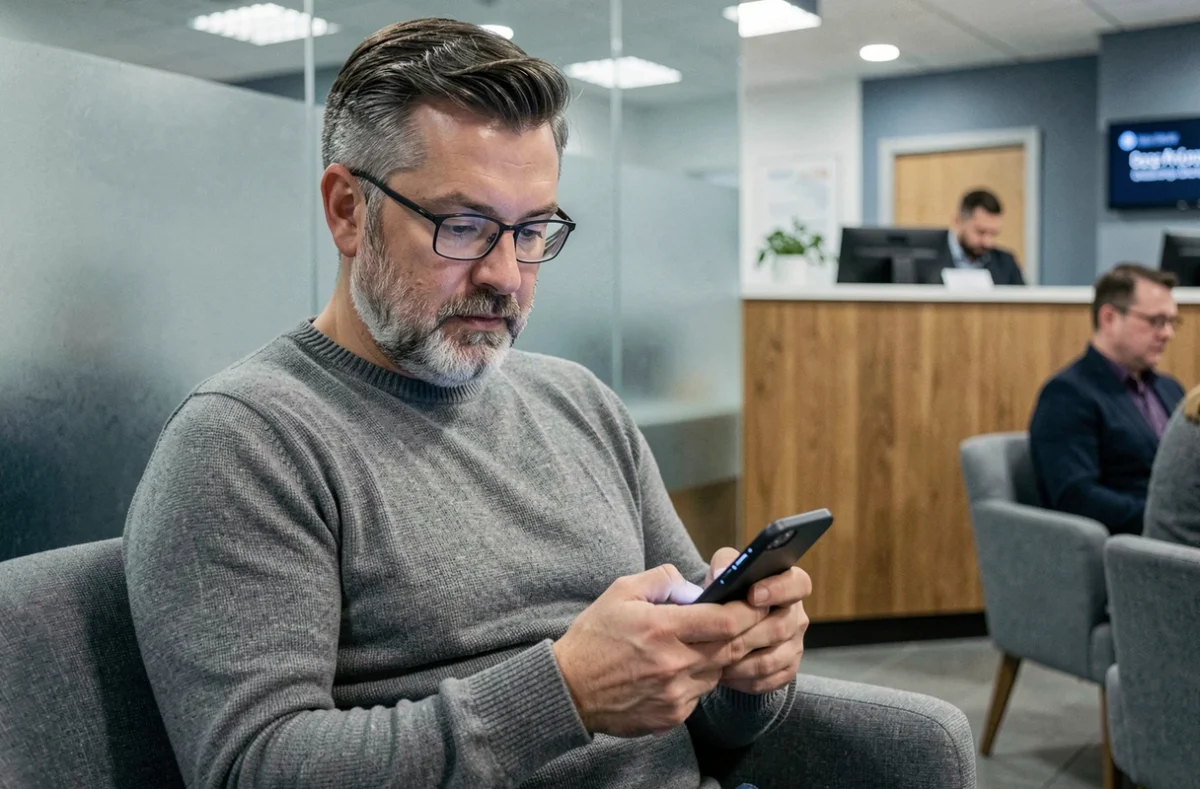 Homme consultant son application bancaire sur smartphone dans une agence bancaire, évoquant la confidentialité des coordonnées bancaires