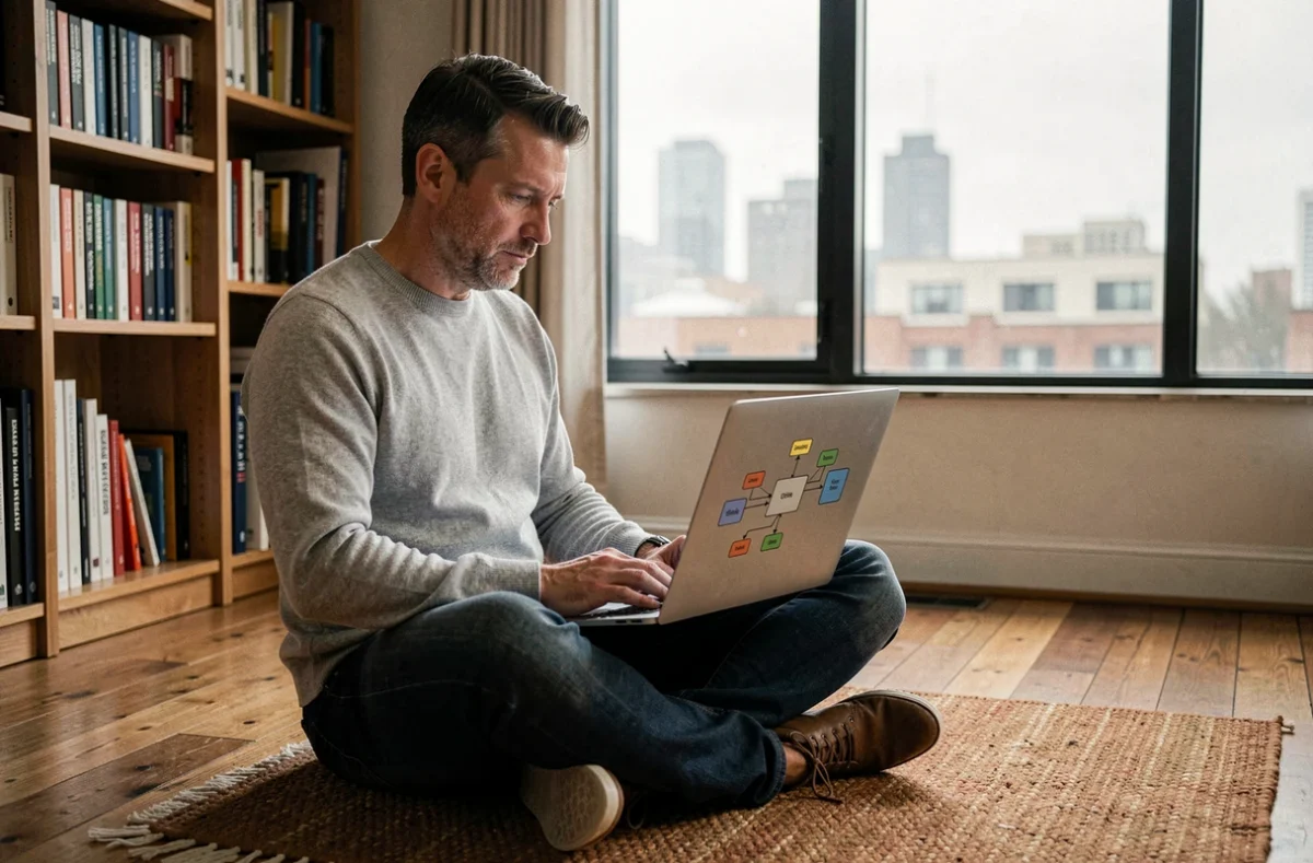 Homme consultant un schéma d'architecture de système d'exploitation sur un ordinateur portable dans un bureau à domicile