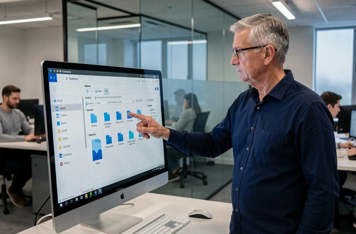 Homme en bureau d'entreprise pointant un écran affichant la structure de dossiers OneDrive avec des fichiers supprimés