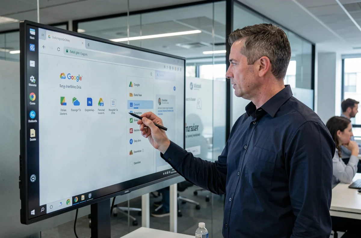 Homme en bureau professionnel comparant Google Drive et un service de stockage cloud générique sur grand écran