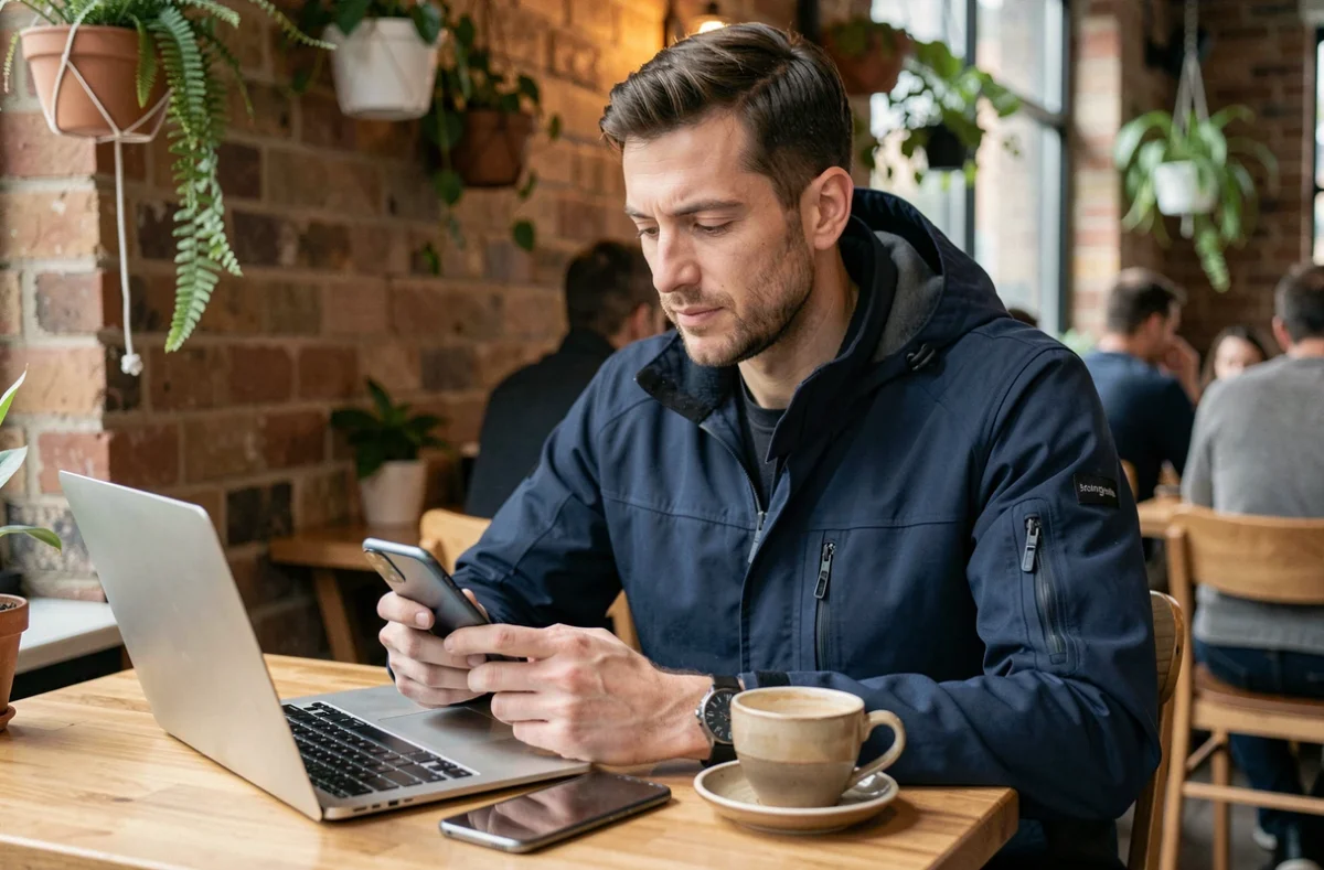 Homme comparant des smartphones Samsung Galaxy série A dans un café urbain avec ordinateur portable