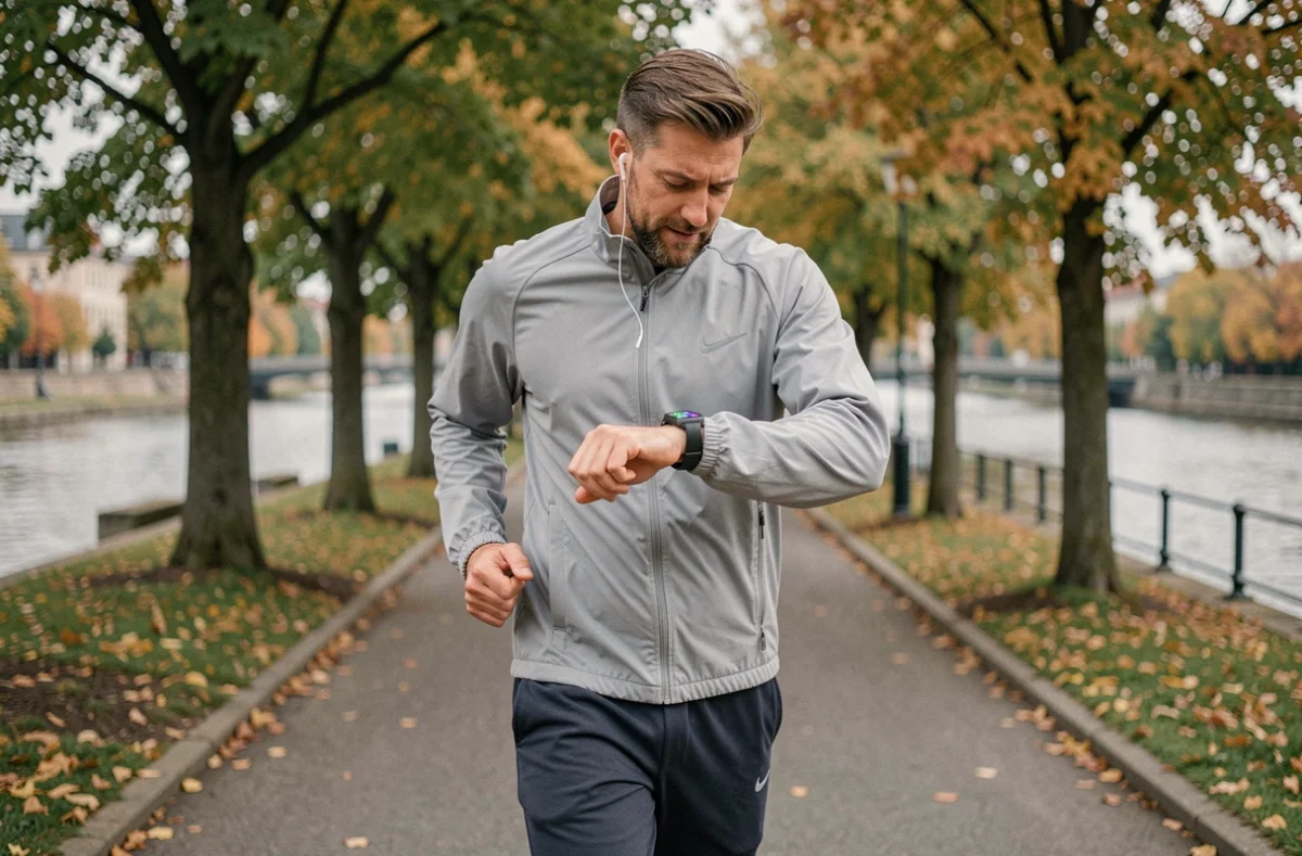 Homme en train de courir répondant à un appel sur sa montre connectée en extérieur