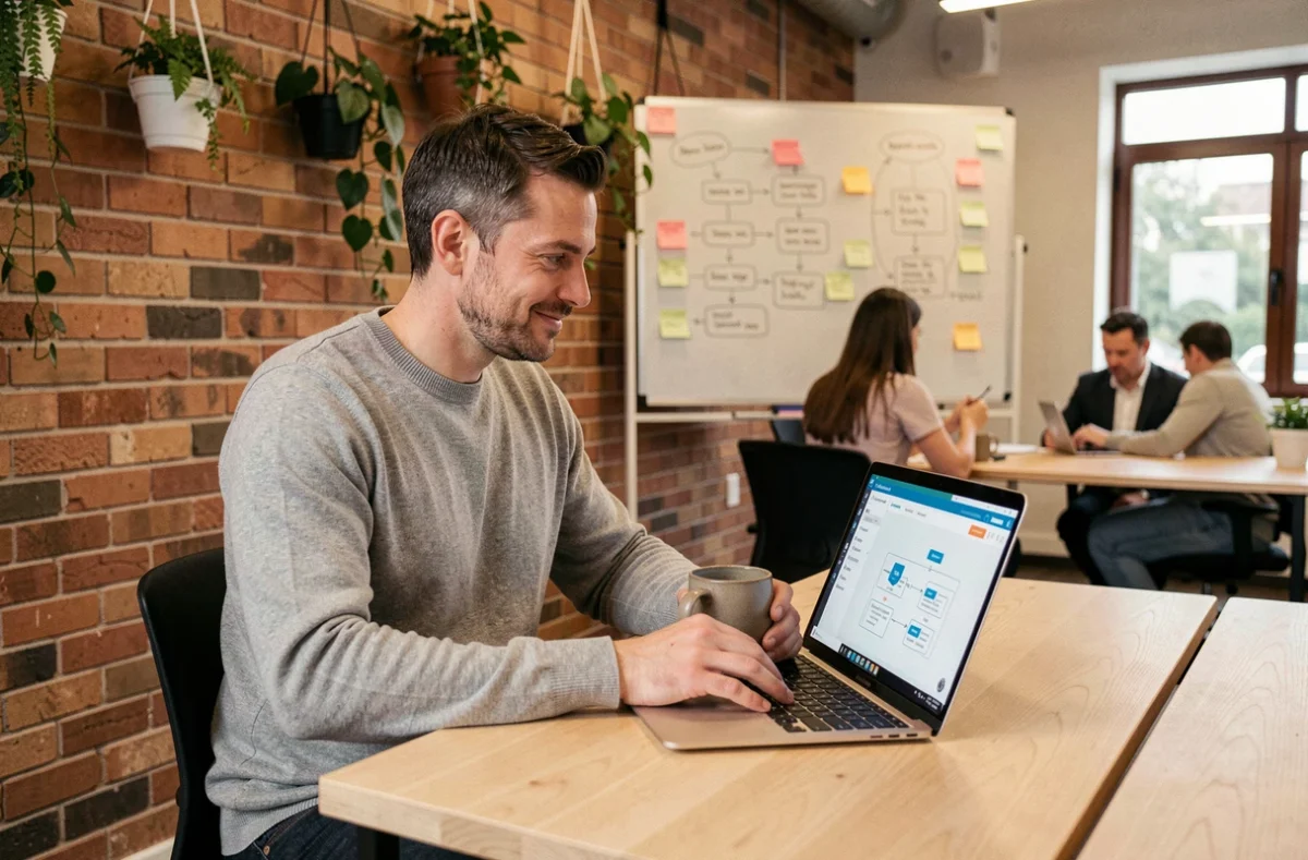 Homme assis dans un espace de coworking travaillant sur une plateforme d'automatisation marketing basée sur l'IA, avec un fond de bureau collaboratif animé
