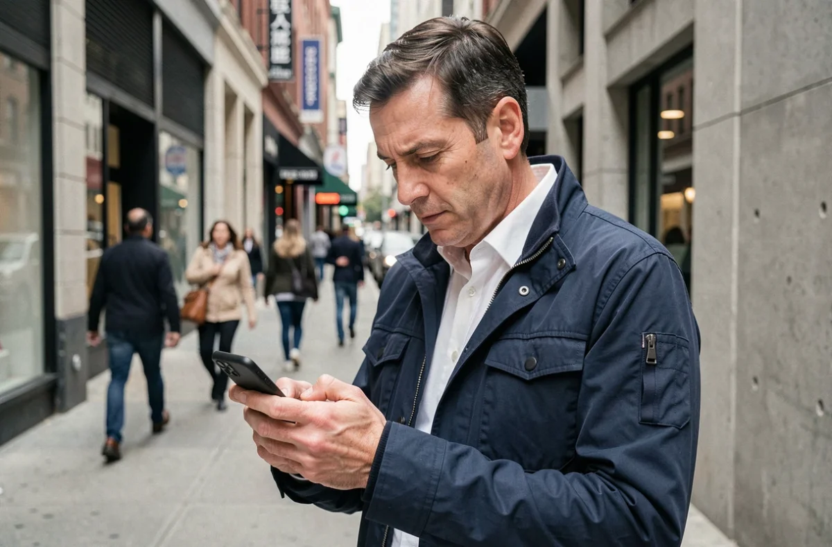 Homme consultant les paramètres de données mobiles de son téléphone en ville