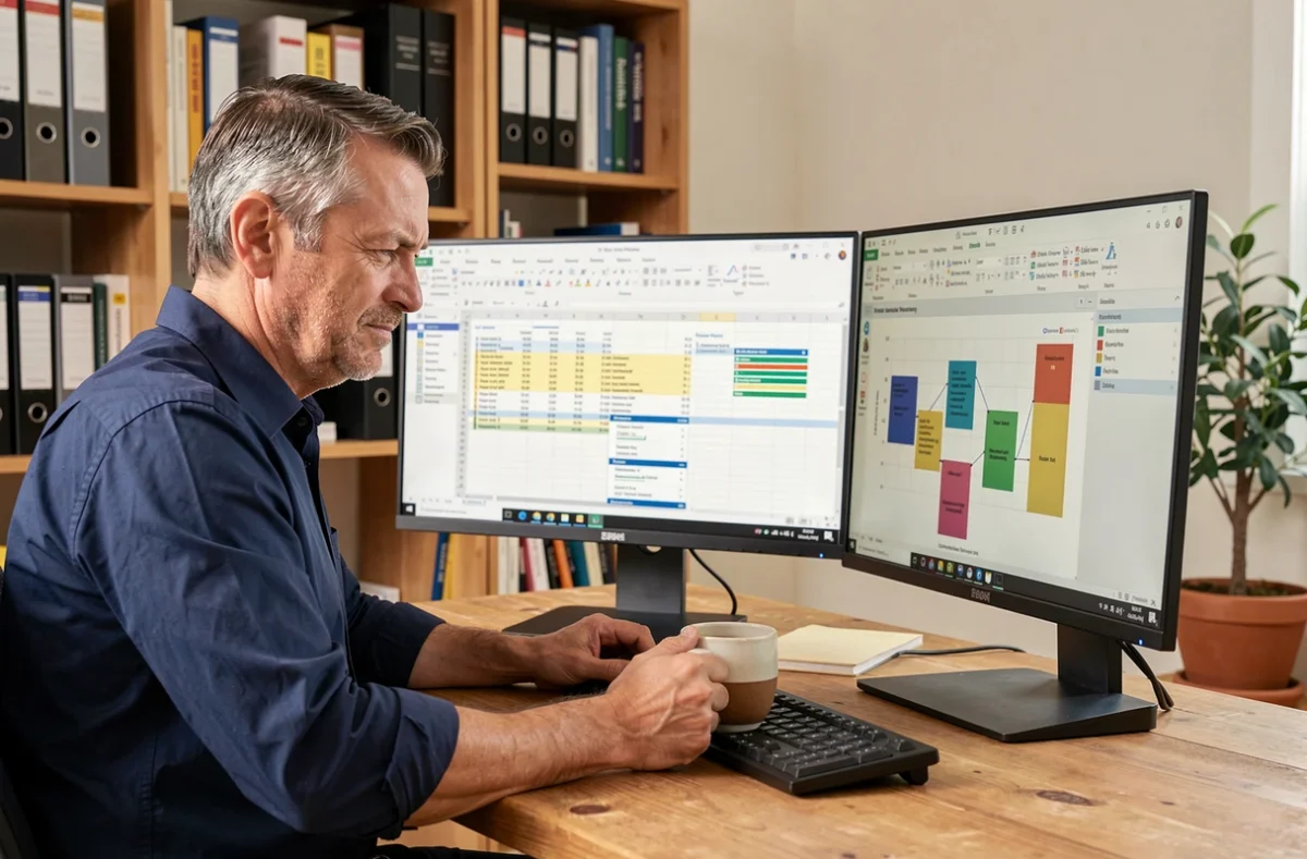 Homme travaillant sur deux écrans avec des tableaux croisés dynamiques et des graphiques Excel à domicile
