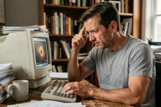Homme frustré devant un ordinateur de bureau lent dans un bureau à domicile encombré