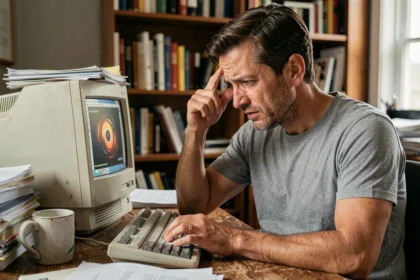 Homme frustré devant un ordinateur de bureau lent dans un bureau à domicile encombré