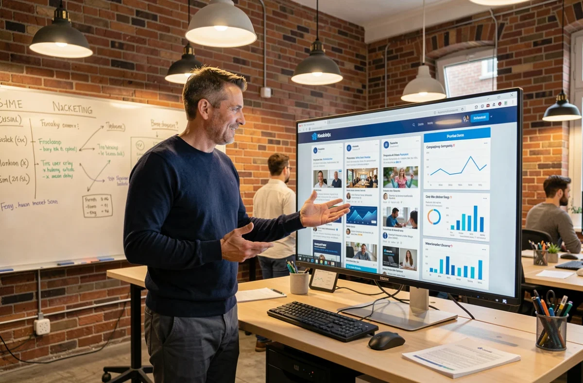 Homme en startup présentant une stratégie marketing basée sur l'intelligence artificielle sur un grand écran tactile