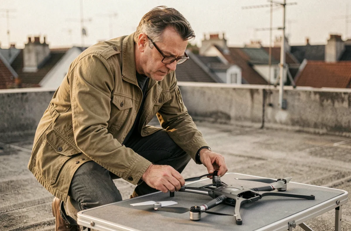 Homme d'une cinquantaine d'années inspectant les composants démontés d'un drone sur une terrasse urbaine
