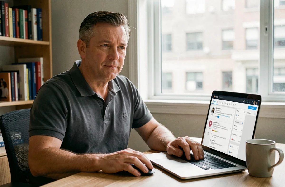 Homme travaillant sur un logiciel d'emailing depuis son bureau à domicile
