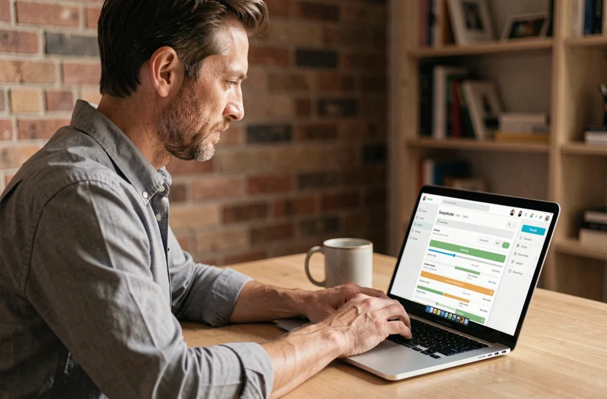 Homme travaillant seul sur une plateforme d'automatisation des emails dans un bureau à domicile moderne