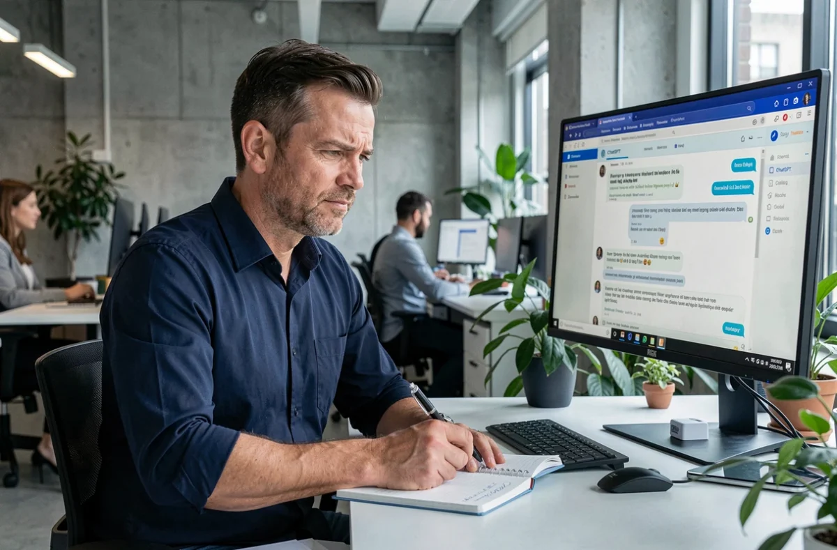 Homme professionnel consultant ChatGPT au bureau pour améliorer sa productivité et rédiger des contenus