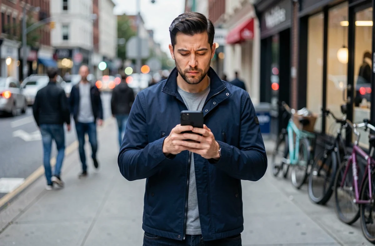 Homme consultant son smartphone et les réseaux sociaux dans une rue animée de la ville