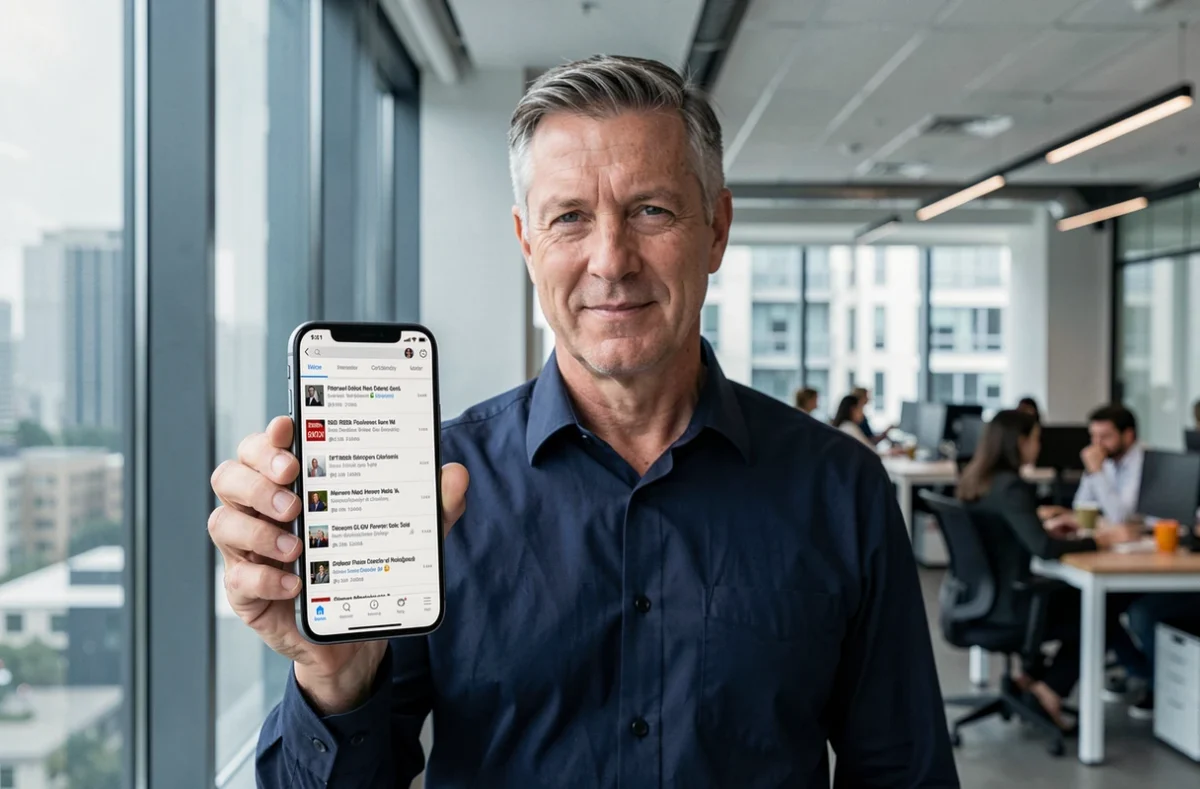 Homme consultant ses abonnements RSS convertis en emails sur smartphone au bureau