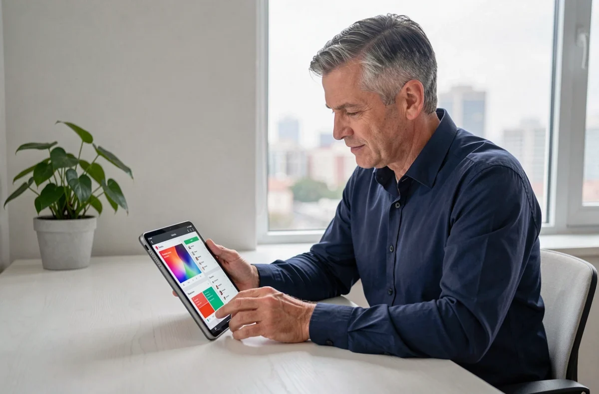 Homme professionnel utilisant une tablette avec des applications de productivité dans un bureau à domicile scandinave