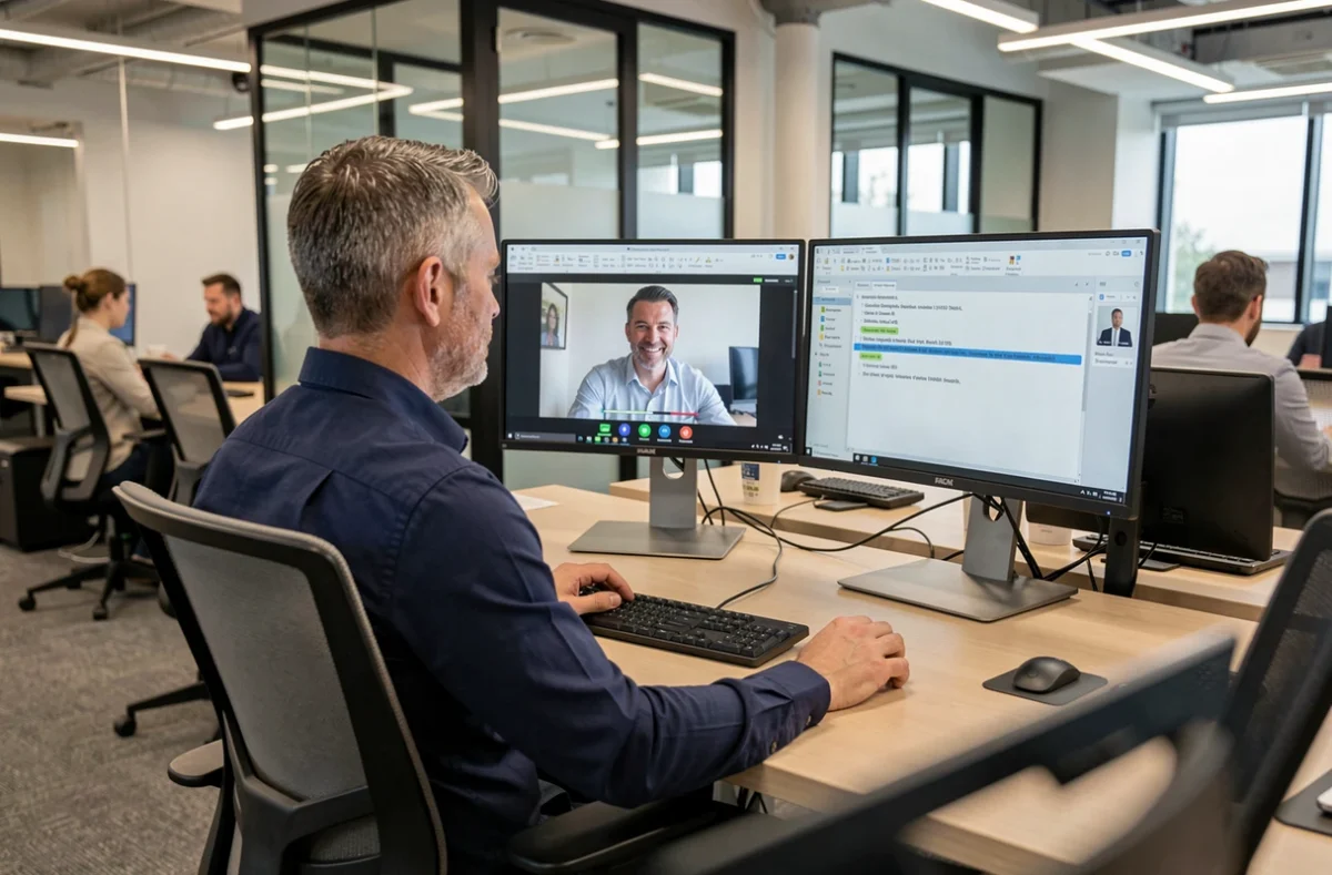 Homme en entreprise utilisant un logiciel de transcription automatique sur double écran dans un open space professionnel