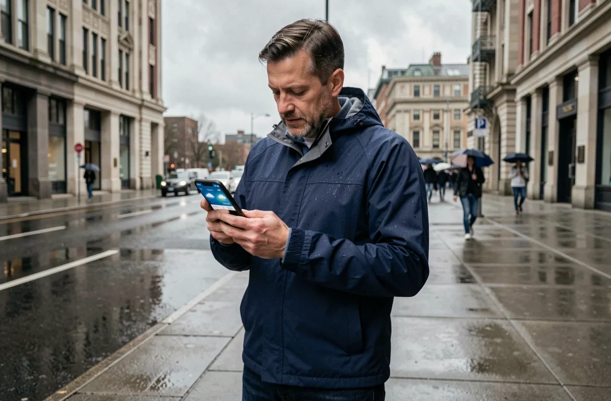 Homme en veste imperméable vérifiant une application météo sur son téléphone dans une rue mouillée