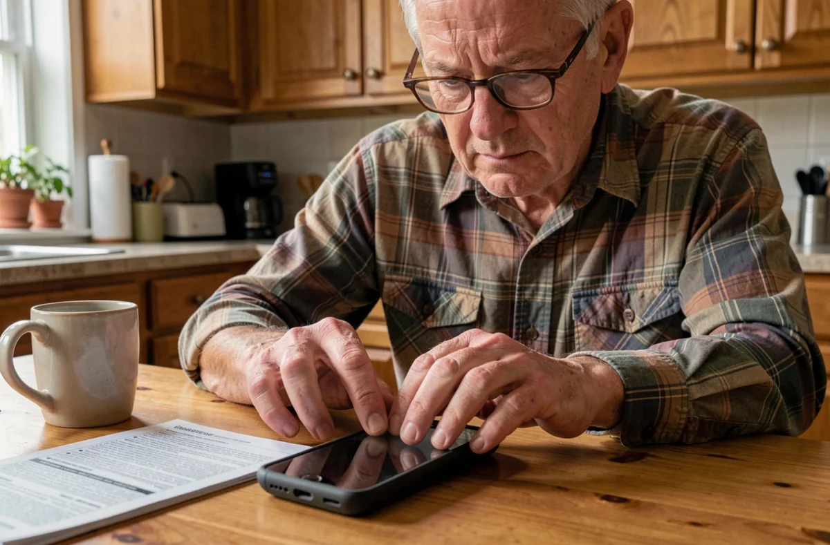 Homme d'une cinquantaine d'années immigrant numérique apprenant à utiliser un smartphone à la maison, illustrant les défis d'adaptation à la technologie pour les générations plus anciennes