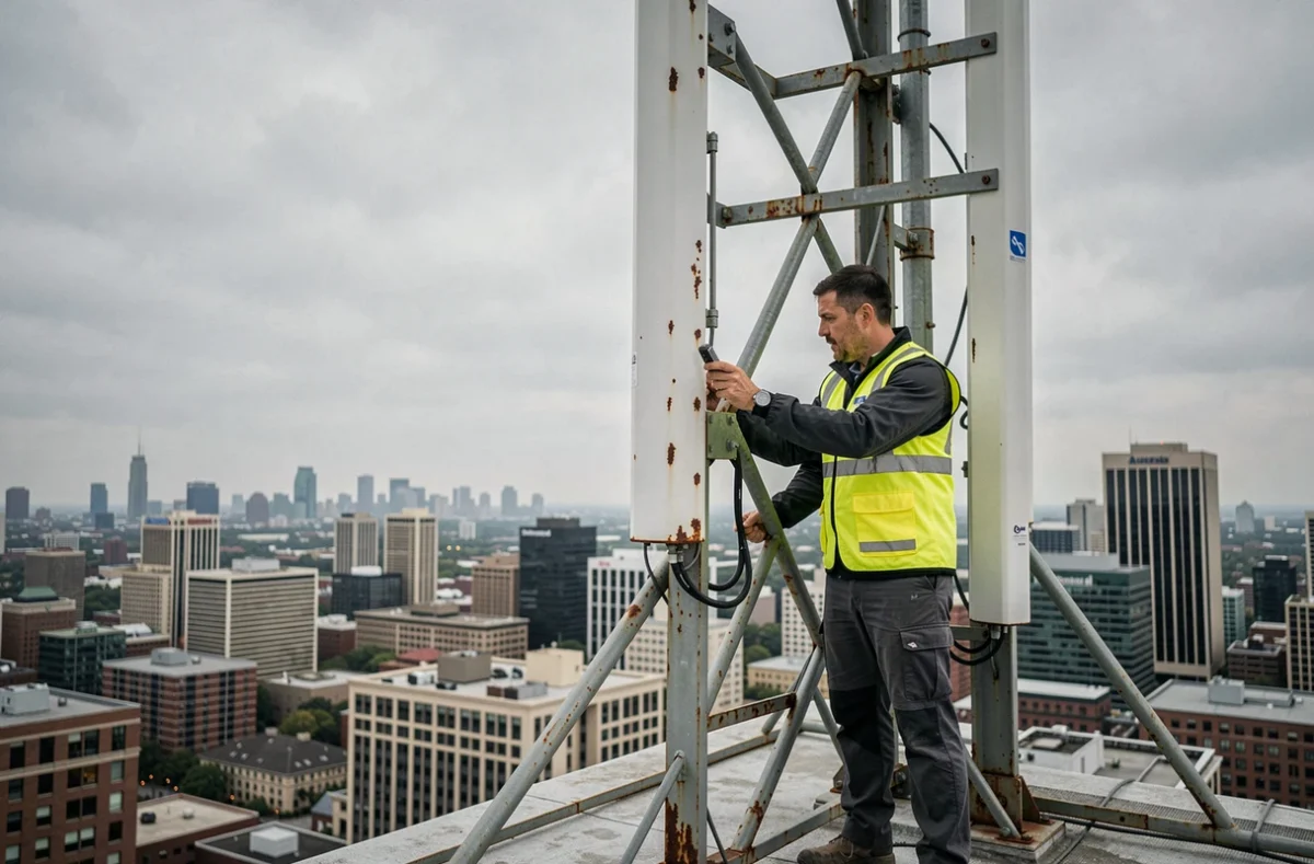 Ingénieur télécoms inspectant une antenne 5G sur un toit urbain avec vue sur la skyline