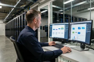 Ingénieur informatique analysant des données cloud sur des moniteurs dans un centre de données Tesla avec des rangées de serveurs en arrière-plan