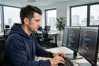 Ingénieur informatique russe travaillant sur le code de l'application Yango dans un bureau technologique moderne à Moscou