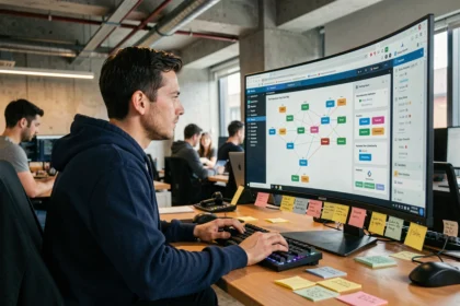 Ingénieur DevOps analysant un tableau de bord Kubernetes avec des clusters de pods affichés sur un écran ultrawide dans un bureau moderne