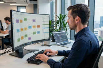 Ingénieur logiciel analysant un programme d'automatisation de flux de travail sur un écran d'ordinateur dans un bureau moderne