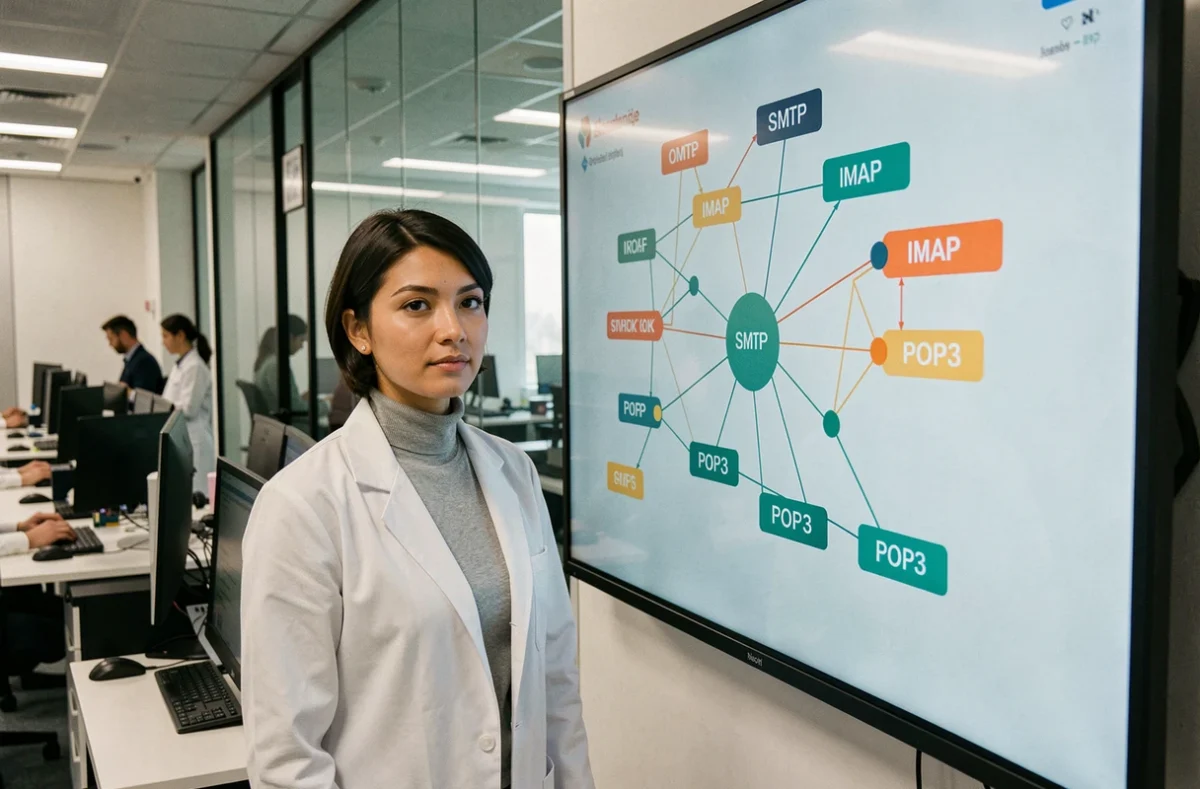 Ingénieure réseau présentant la topologie des protocoles de messagerie électronique dans un centre d'opérations réseau