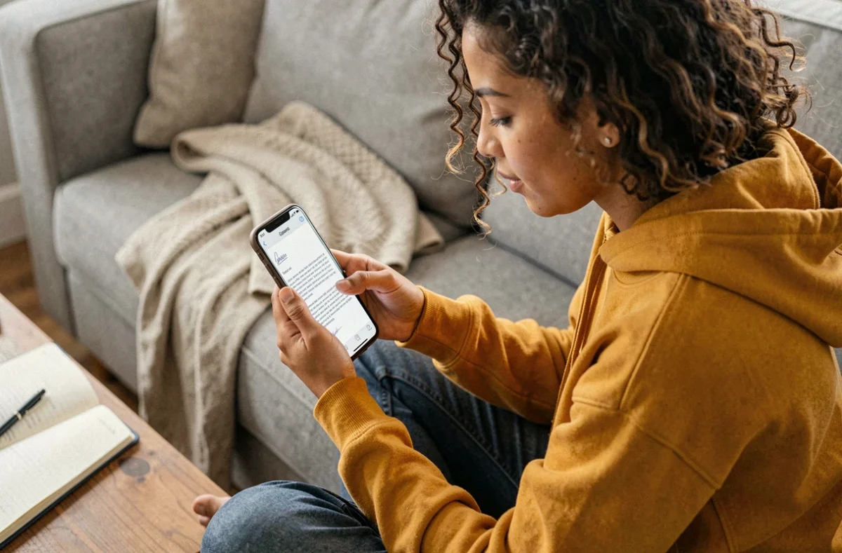 Jeune femme rédigeant une lettre sur une application mobile gratuite depuis son canapé