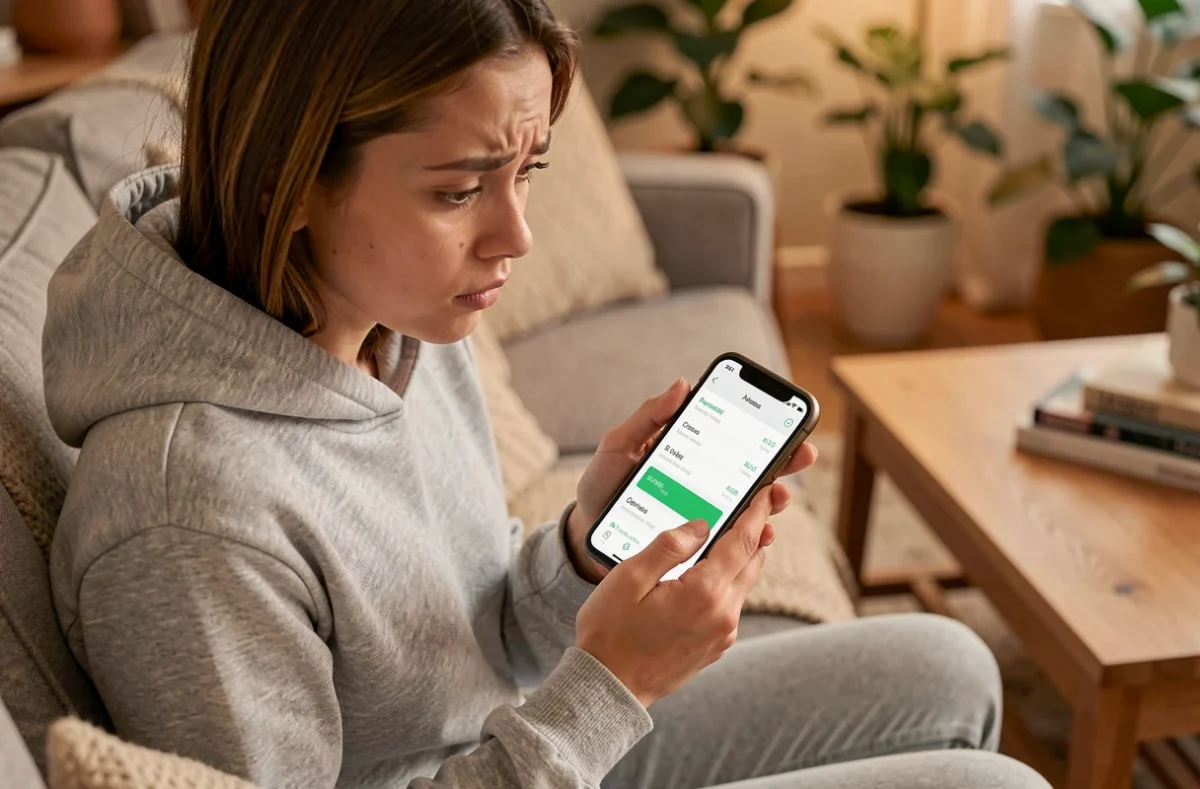 Jeune femme vérifiant sa consommation de données mobiles depuis son canapé