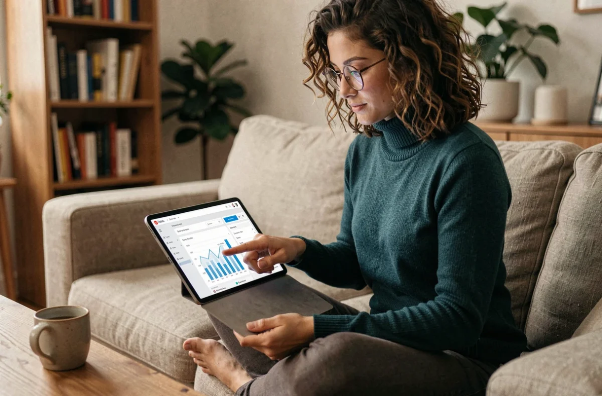 Jeune femme consultant un tableau de bord CMS sur une tablette depuis son canapé à domicile