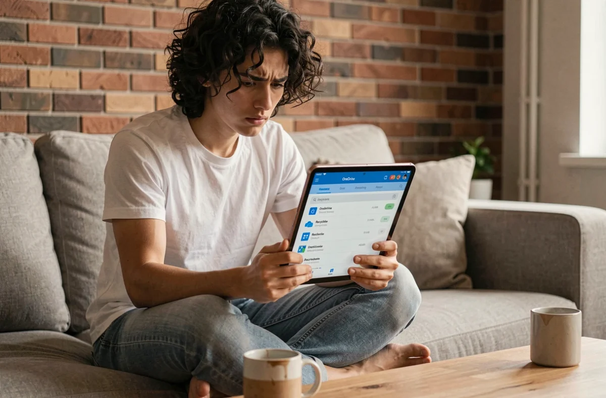 Jeune personne assise sur un canapé examinant la corbeille OneDrive sur une tablette avec une expression préoccupée