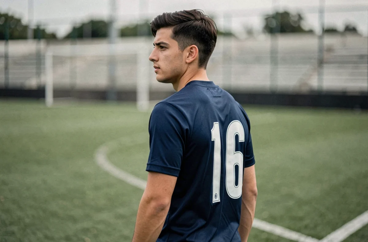 Joueur de football portant le maillot numéro 16 sur un terrain de sport en herbe naturelle