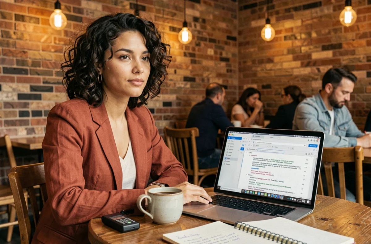 Jeune journaliste utilisant un logiciel de transcription vocale dans un café avec enregistreur et ordinateur portable