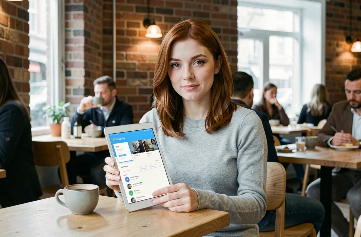 Femme tenant une tablette Android affichant les paramètres de mise à jour du système Google Play dans un café moderne