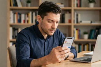 Homme consultant une notification de mise à jour du système Google Play sur son smartphone Android dans un bureau à domicile