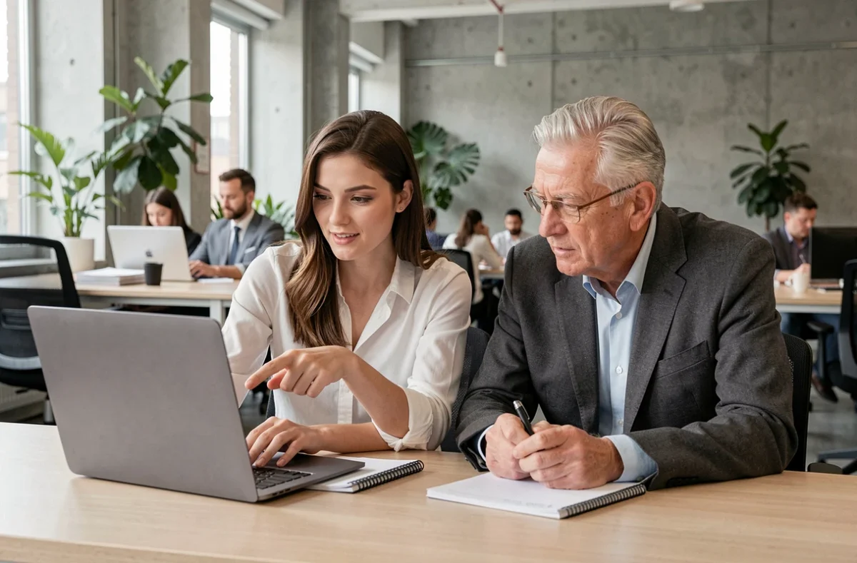 Jeune professionnelle native numérique expliquant un outil informatique à un collègue plus âgé immigrant numérique dans un bureau moderne, symbolisant le fossé numérique intergénérationnel