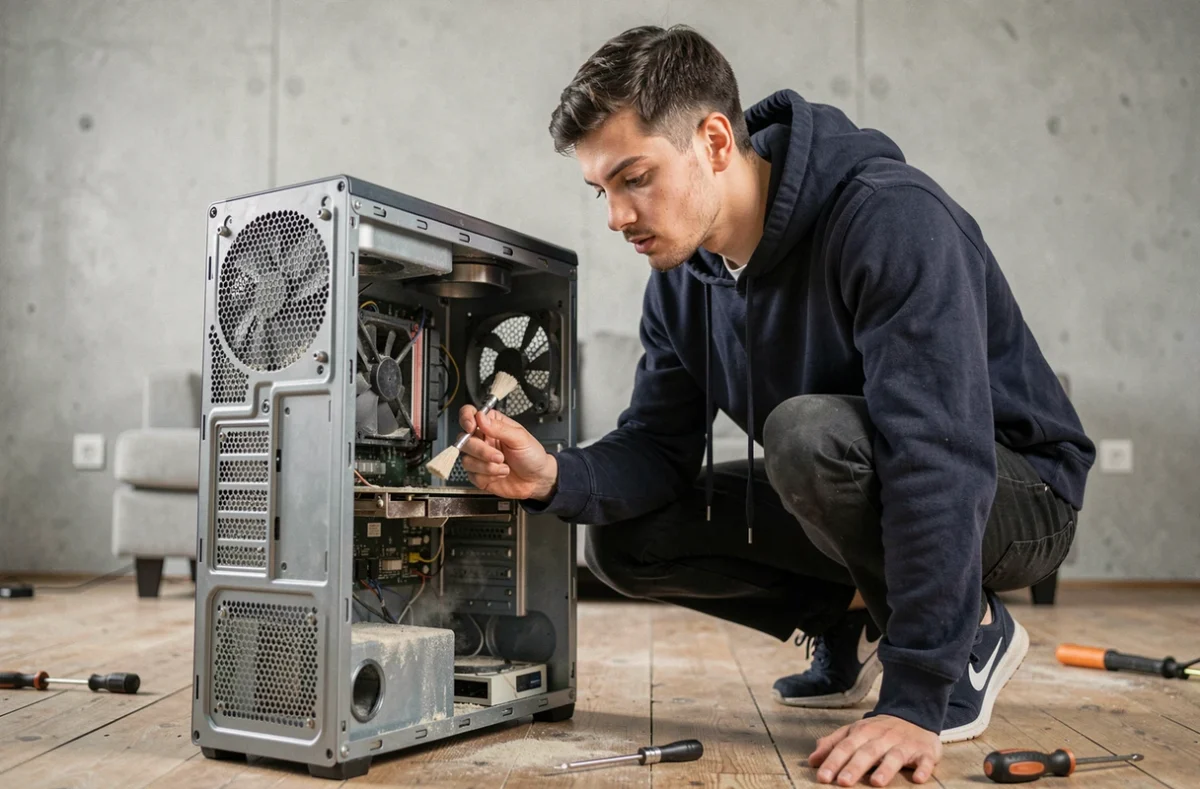 Jeune homme nettoyant l'intérieur poussiéreux d'un ordinateur de bureau pour améliorer ses performances