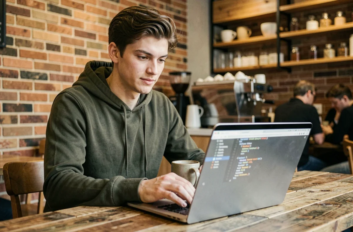Un jeune développeur optimise le code SEO d'un site web sur son ordinateur portable dans un café