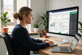 Une femme analyse des statistiques de référencement naturel sur un écran d'ordinateur dans un bureau moderne