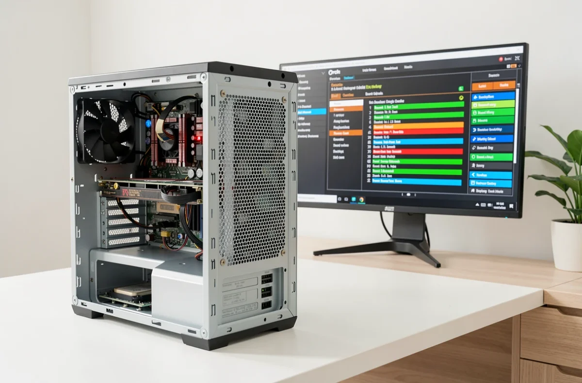 Ordinateur de bureau ouvert avec interface UEFI affichée sur l'écran, montrant les paramètres de démarrage et la configuration du firmware