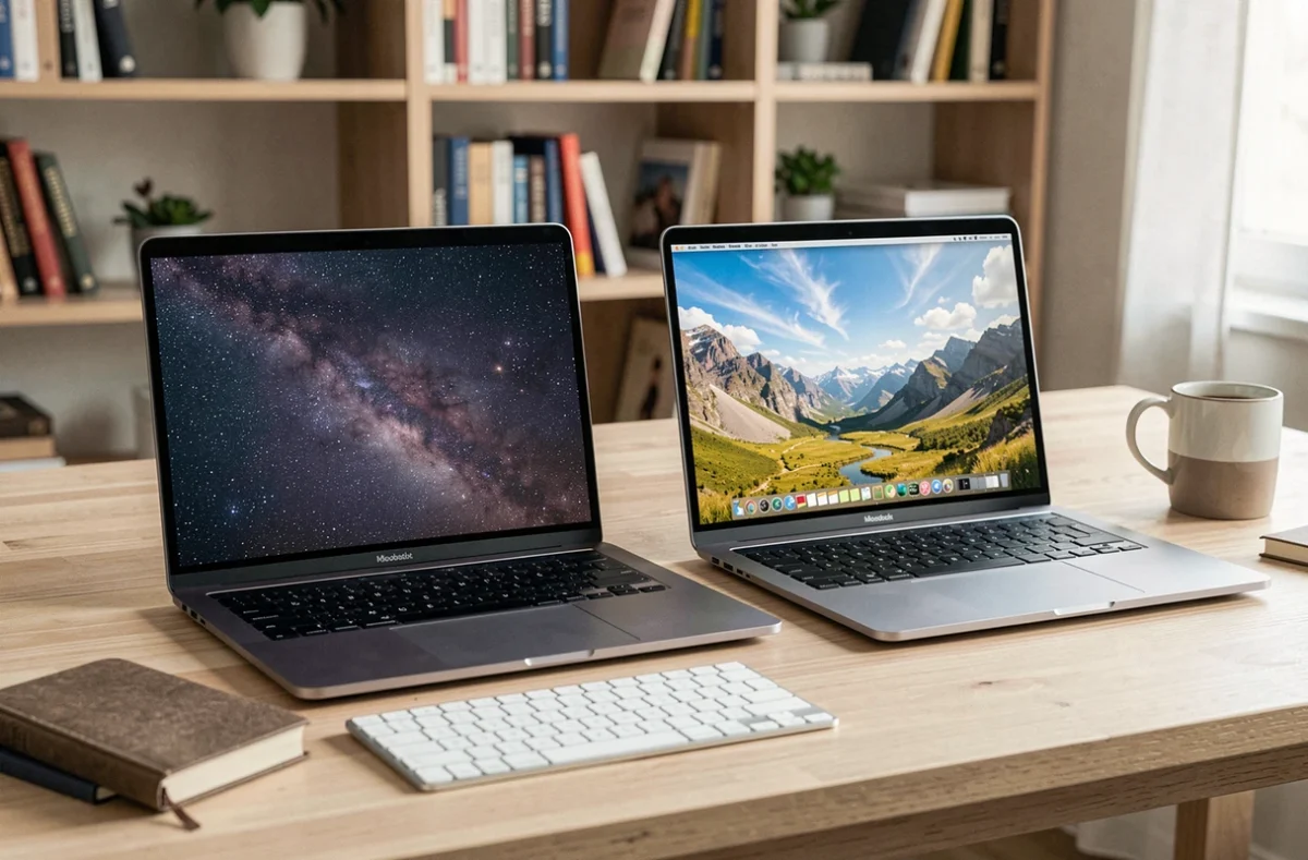 Deux ordinateurs portables côte à côte illustrant la différence visuelle entre écran OLED et mini LED sur un bureau en bois