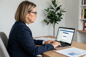 Femme en train d'ouvrir un fichier PDF protégé par mot de passe sur un ordinateur portable dans un bureau moderne