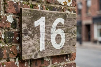Panneau en bois patiné avec le numéro 16 peint en blanc sur un mur de briques urbain