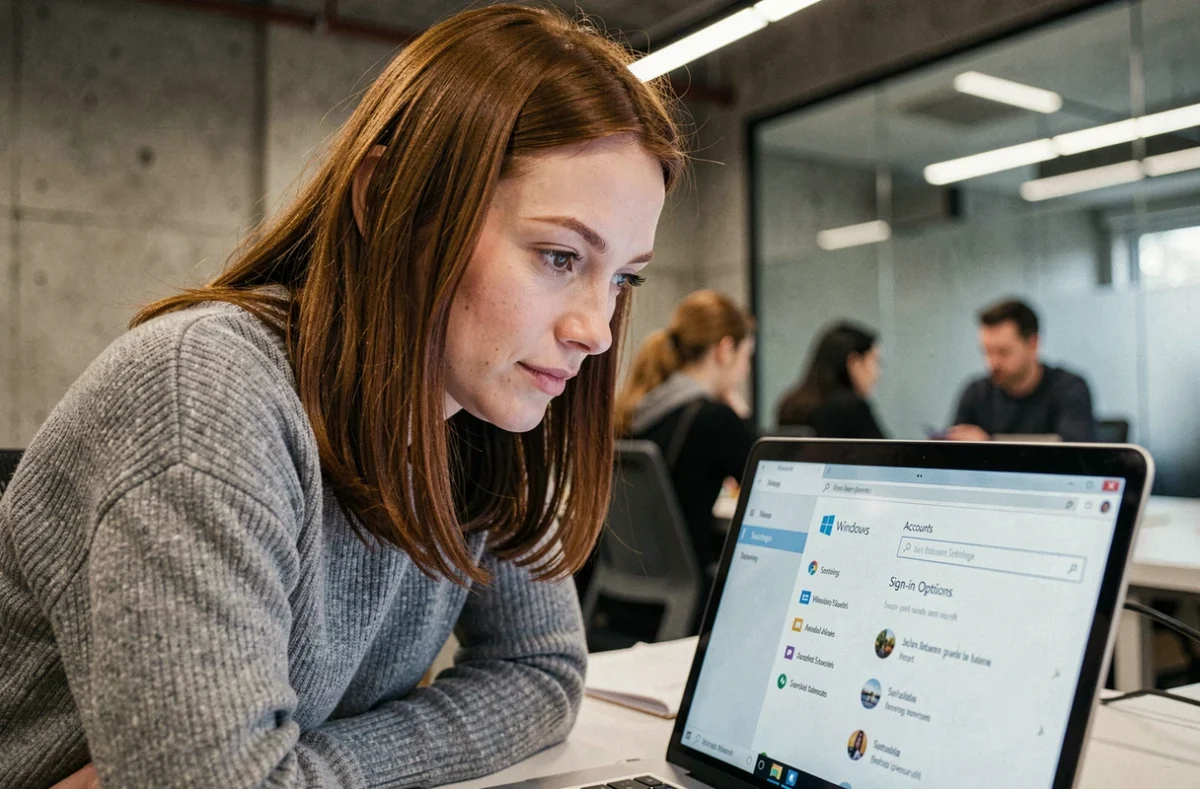 Femme accédant aux paramètres de compte et mots de passe Windows sur un ordinateur portable en open space