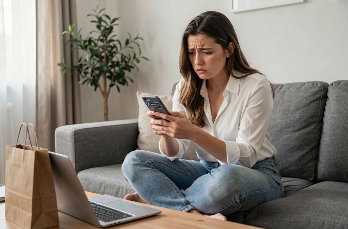 Jeune femme inquiète recevant une notification de phishing sur son smartphone après un achat en ligne